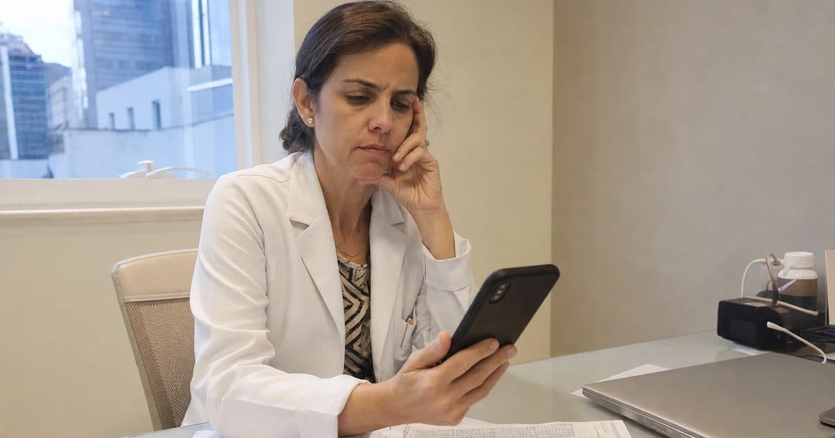 Médica sentada à mesa do consultório, entre uma consulta e outra, olhando o celular com expressão de dúvida.