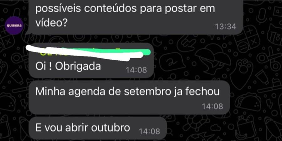 Mensagem da médica dizendo que a agenda de setembro já fechou e que vai abrir outubro