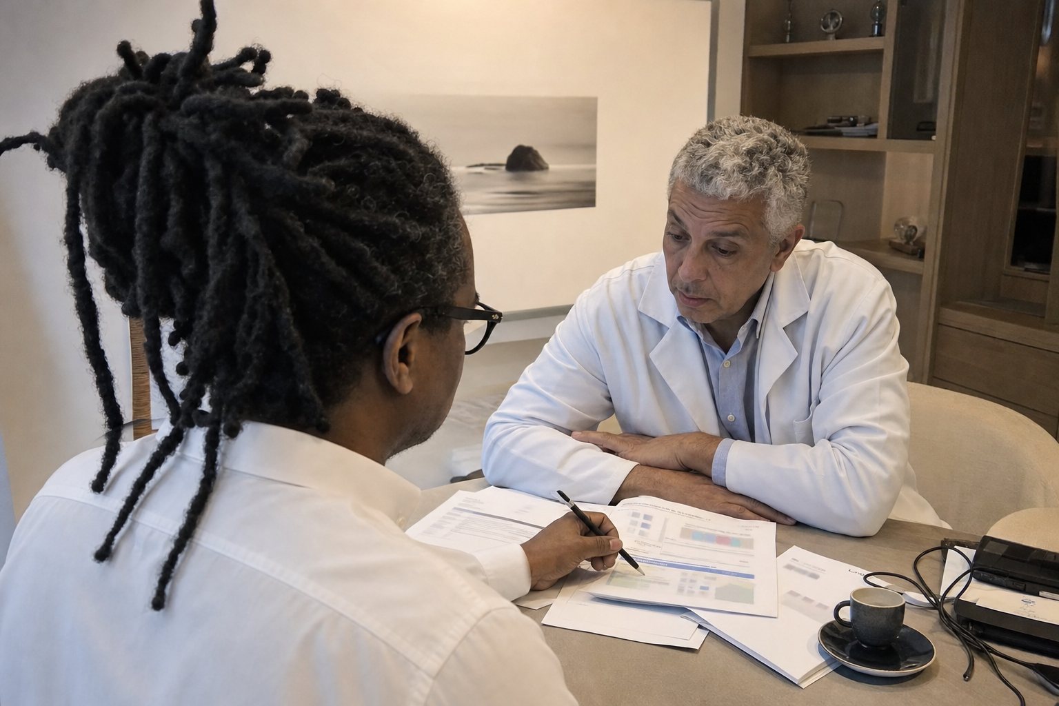 Dom Lima, de costas, mostra com a caneta um ponto do relatório impresso para o médico, que acompanha sentado do outro lado da mesa do consultório.