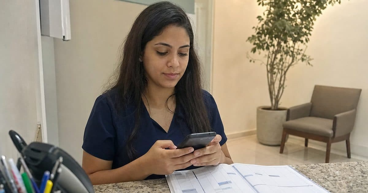 Secretária na recepção de uma clínica respondendo uma mensagem no celular, com a agenda de papel aberta no balcão.